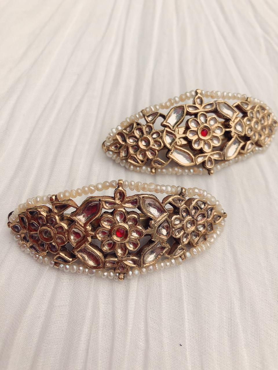 Antique Gold Natural Basra Pearl Hair Clips