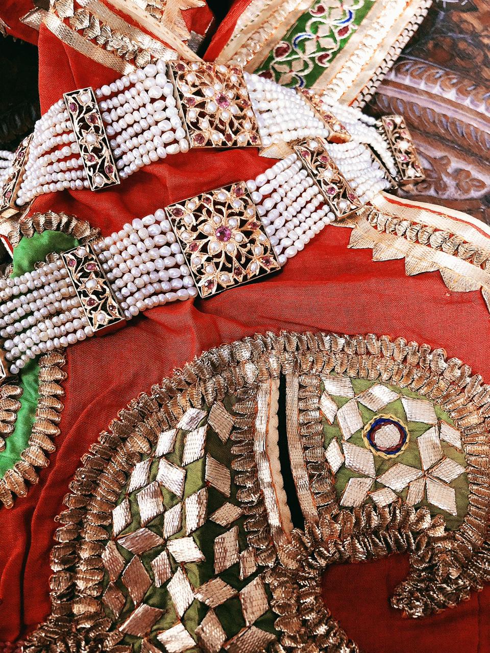 Very Rare Magnificently Handcrafted Burmese Rubies and Basra Pearls Gold Wristlet ( Kalai Band )