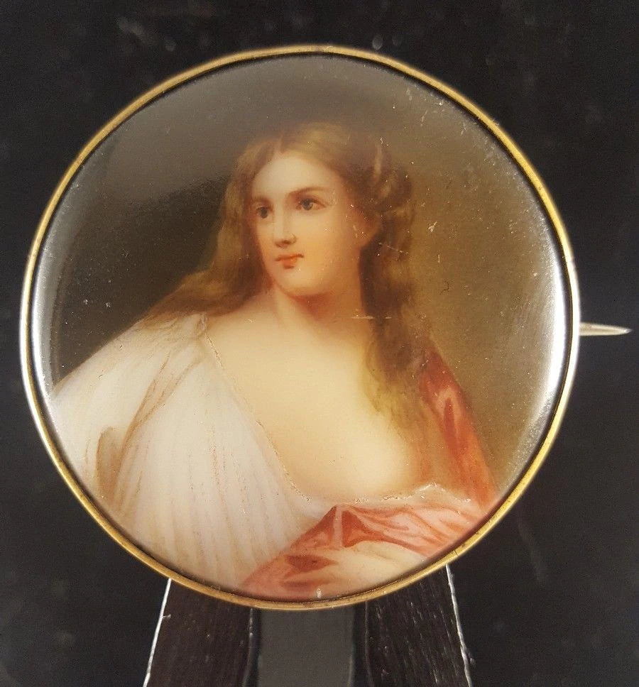 Antique Rare Flora After Titian Miniature Portrait Porcelain Brooch Cameo