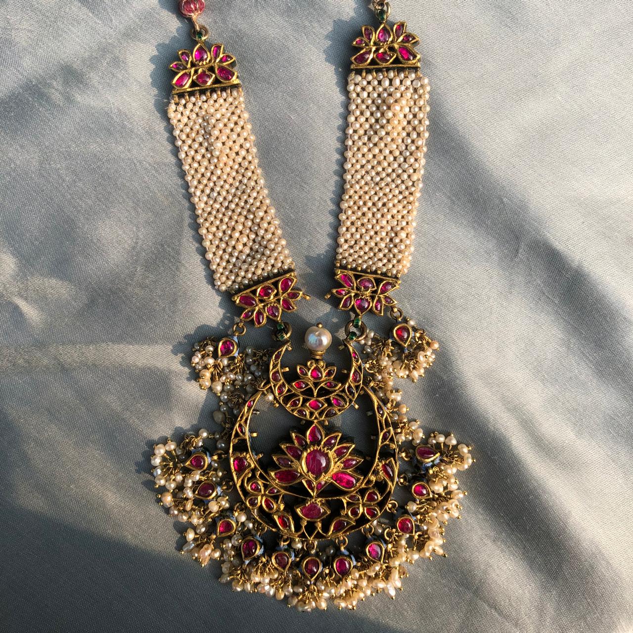 Vintage Antique Huge 20k Gold Diamond Ruby Polki Kundan Moti Work Necklace