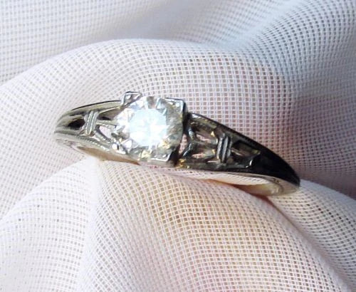Antique Art Deco Filigree Real 0,50ct 5mm E SI1 Diamond Ring 14K Gold Size 6.5