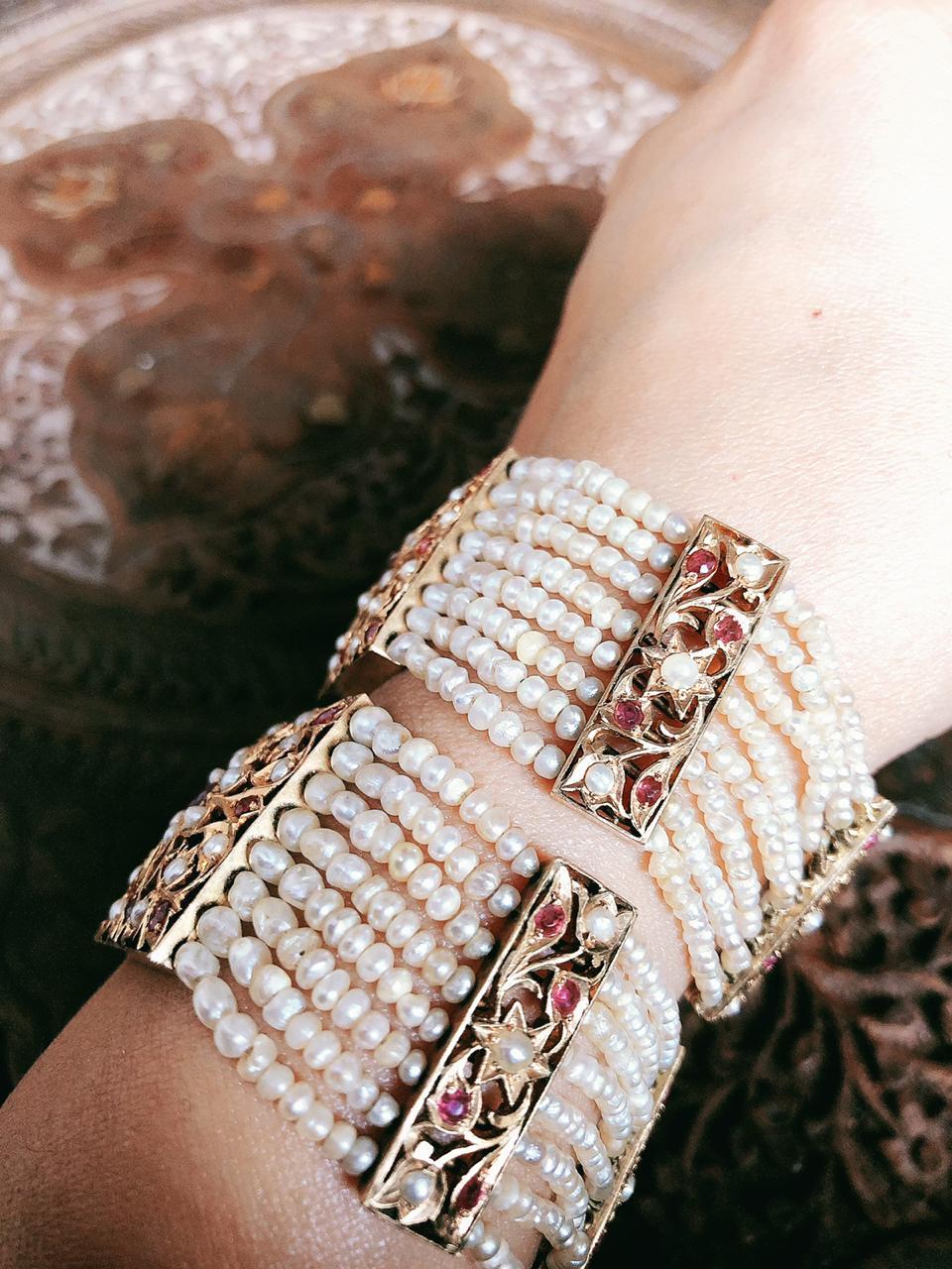 Very Rare Magnificently Handcrafted Burmese Rubies and Basra Pearls Gold Wristlet ( Kalai Band )