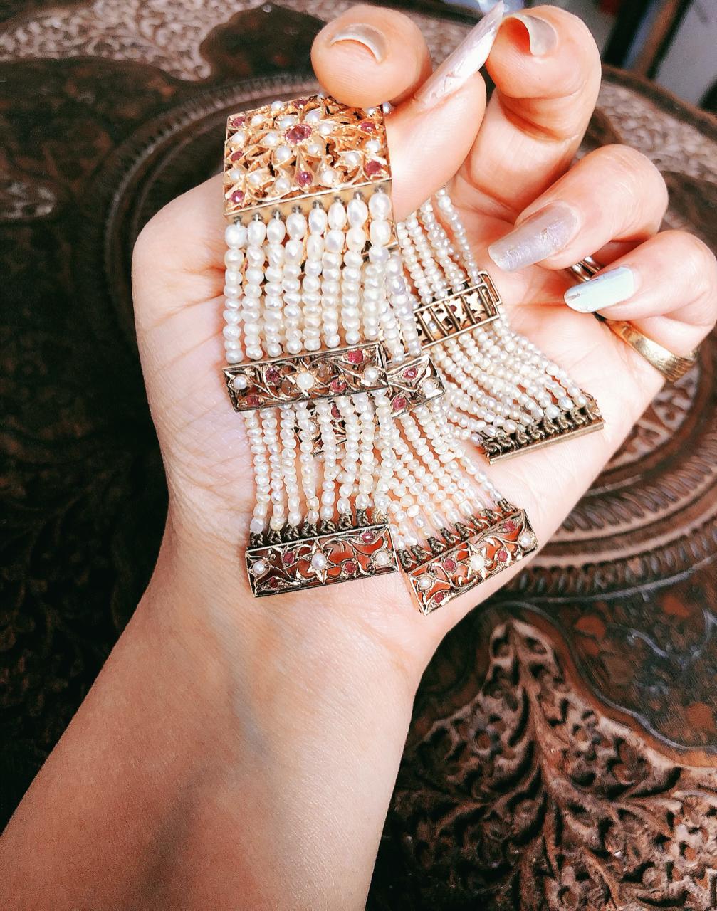 Very Rare Magnificently Handcrafted Burmese Rubies and Basra Pearls Gold Wristlet ( Kalai Band )