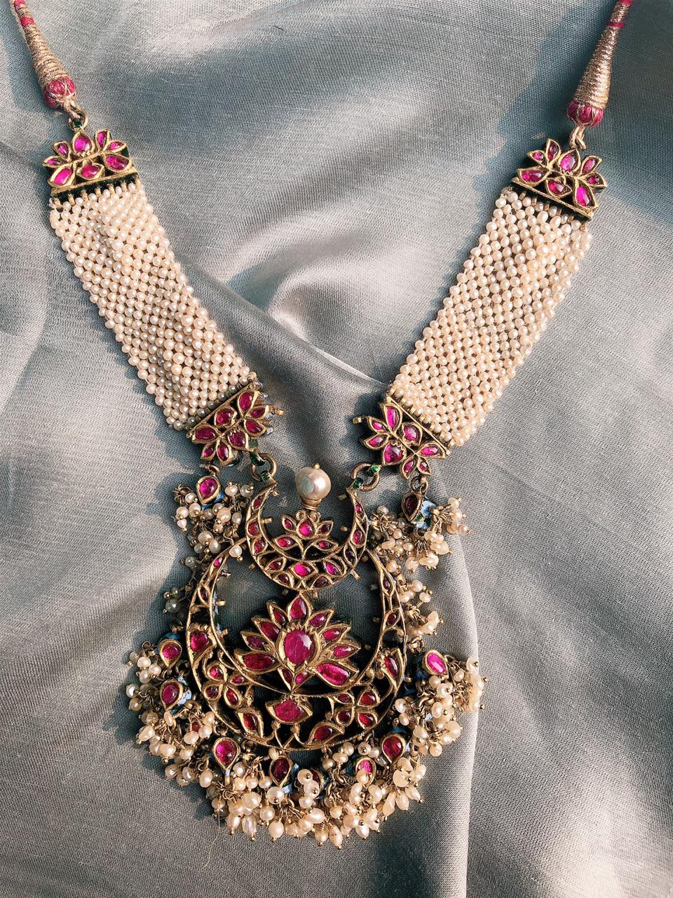 Vintage Antique Huge 20k Gold Diamond Ruby Polki Kundan Moti Work Necklace