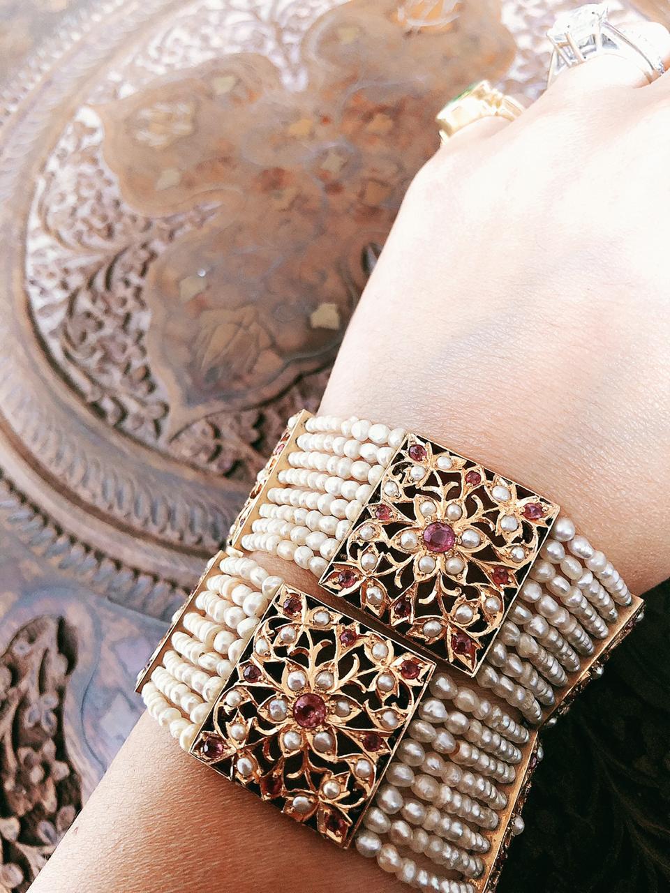 Very Rare Magnificently Handcrafted Burmese Rubies and Basra Pearls Gold Wristlet ( Kalai Band )