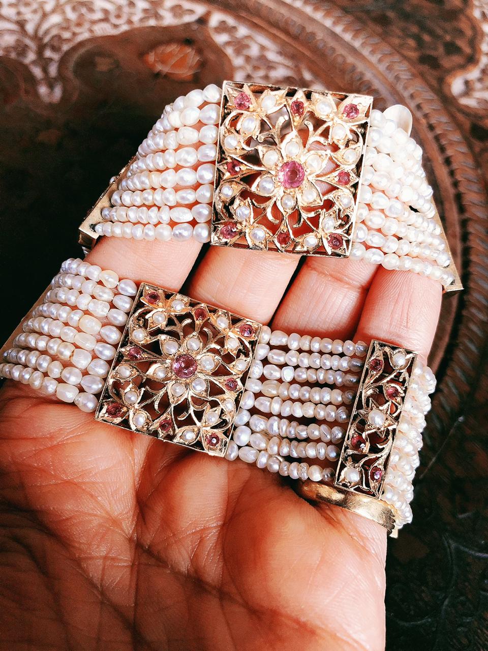 Very Rare Magnificently Handcrafted Burmese Rubies and Basra Pearls Gold Wristlet ( Kalai Band )