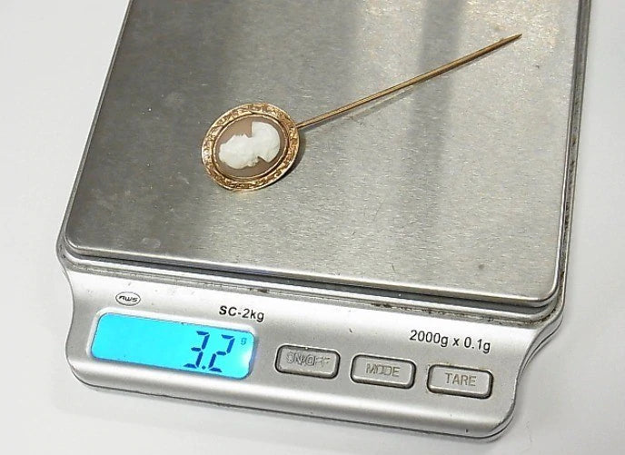 Antique 14K Gold Carved Shell Cameo Pin Classical Greco Roman Goddess Stick Pin