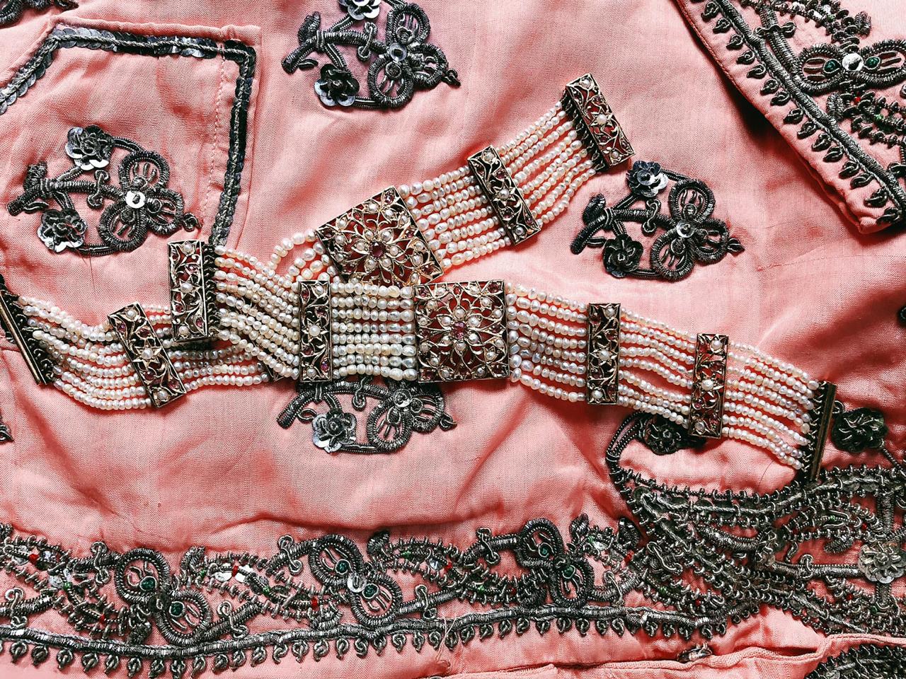 Very Rare Magnificently Handcrafted Burmese Rubies and Basra Pearls Gold Wristlet ( Kalai Band )