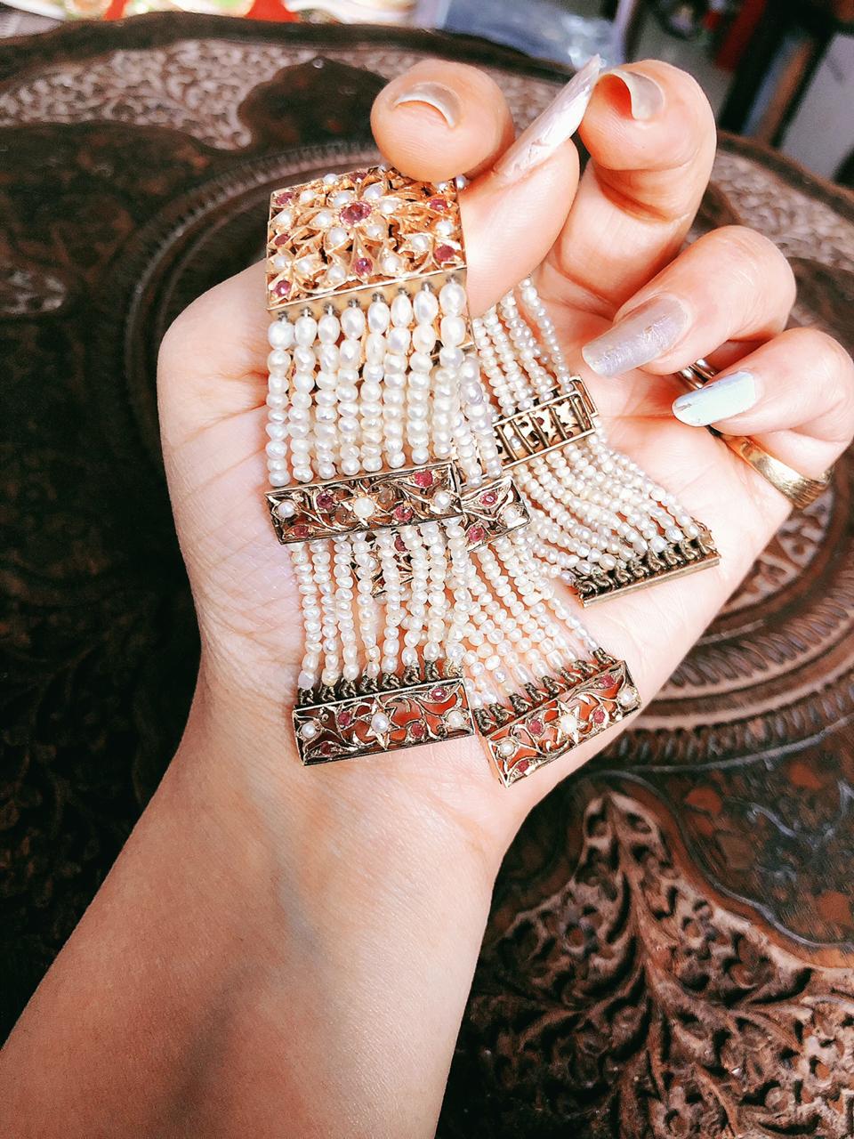 Very Rare Magnificently Handcrafted Burmese Rubies and Basra Pearls Gold Wristlet ( Kalai Band )