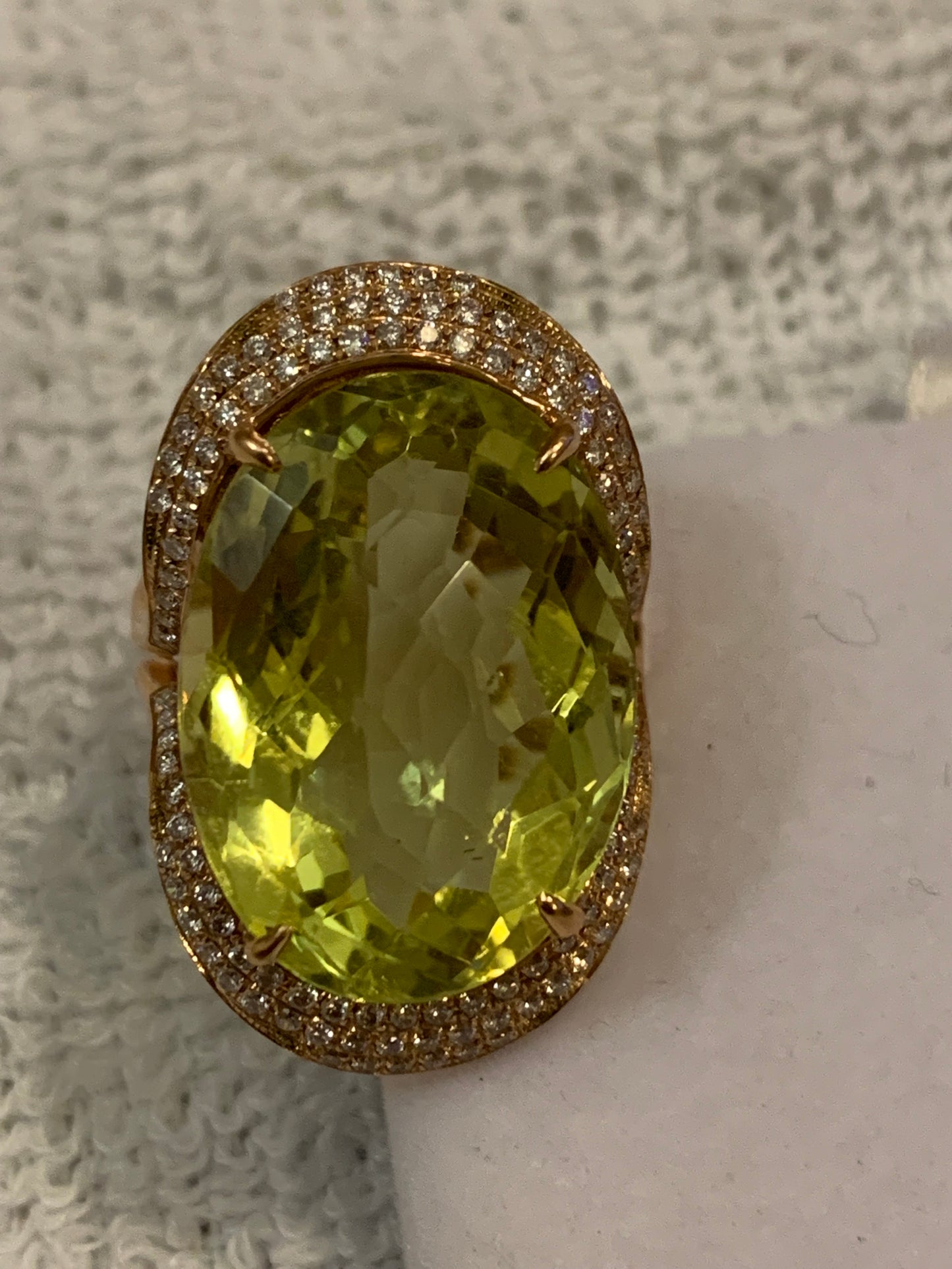 Estate Diamond Green Citrine 14k Rose Gold Wide Cocktail Ring 10.6 Grams
