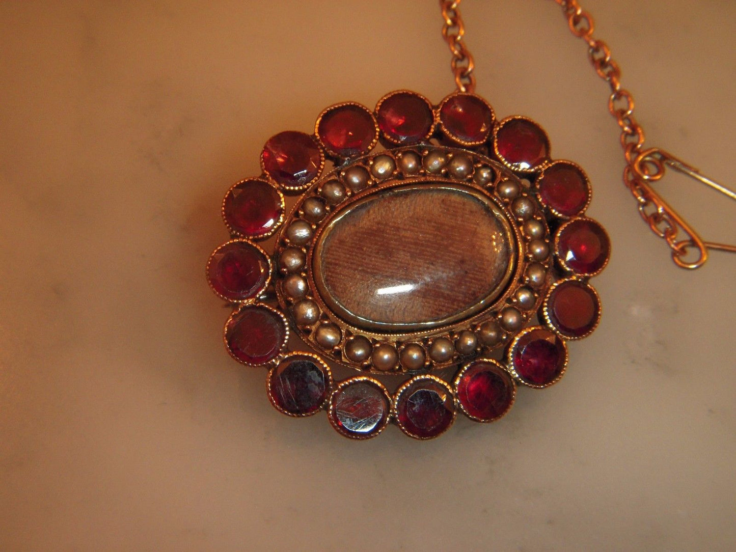 Victorian Antique 9CT Gold Oval Almandine Garnet and Seed Pearl Memorial Brooch