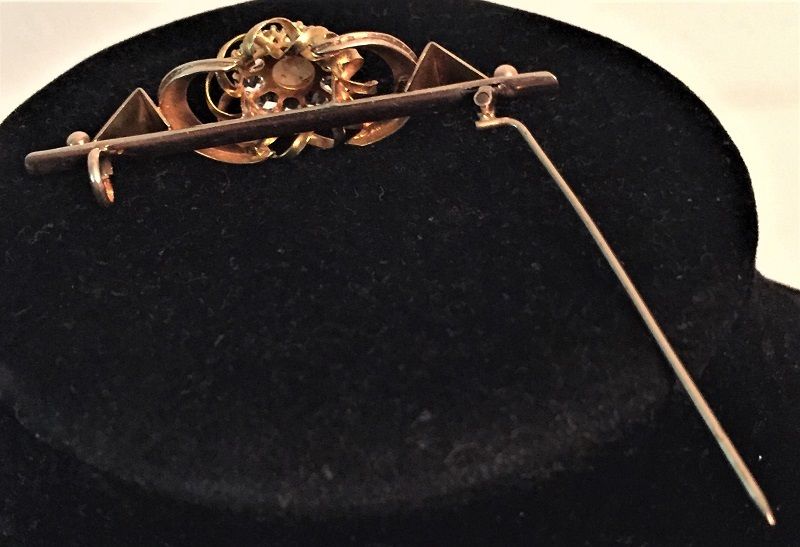 Antique Vintage arts Crafts Frov 10K Rose Gold Openwork Brooch Mop Crystals