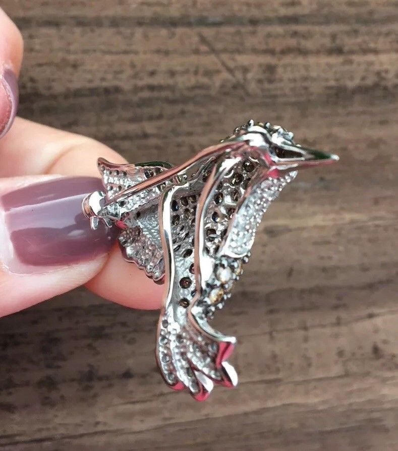 Diamond 2ct Hummingbird Pendant Brooch Slide 10K white Gold 6.9g