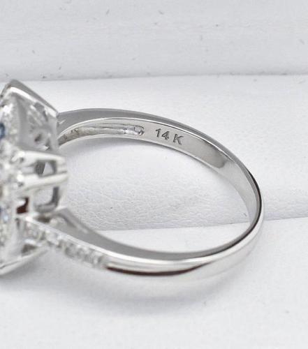 Art Deco 14K White Gold 1.37ct H-SI1 Euro Cut Diamonds & Sapphire Ring 4.4g