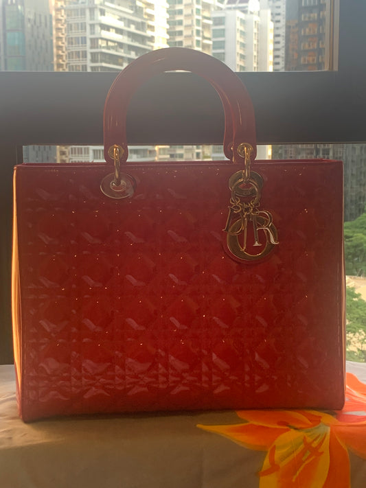 Large Lady Dior Bag Cherry Red Patent Cannage Calfskin