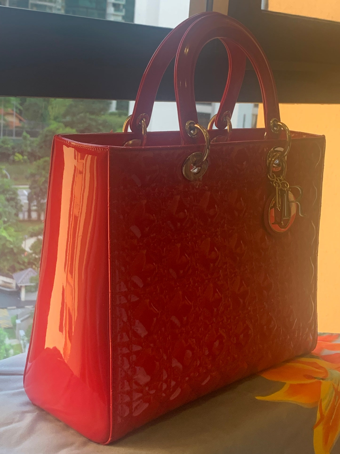 Large Lady Dior Bag Cherry Red Patent Cannage Calfskin