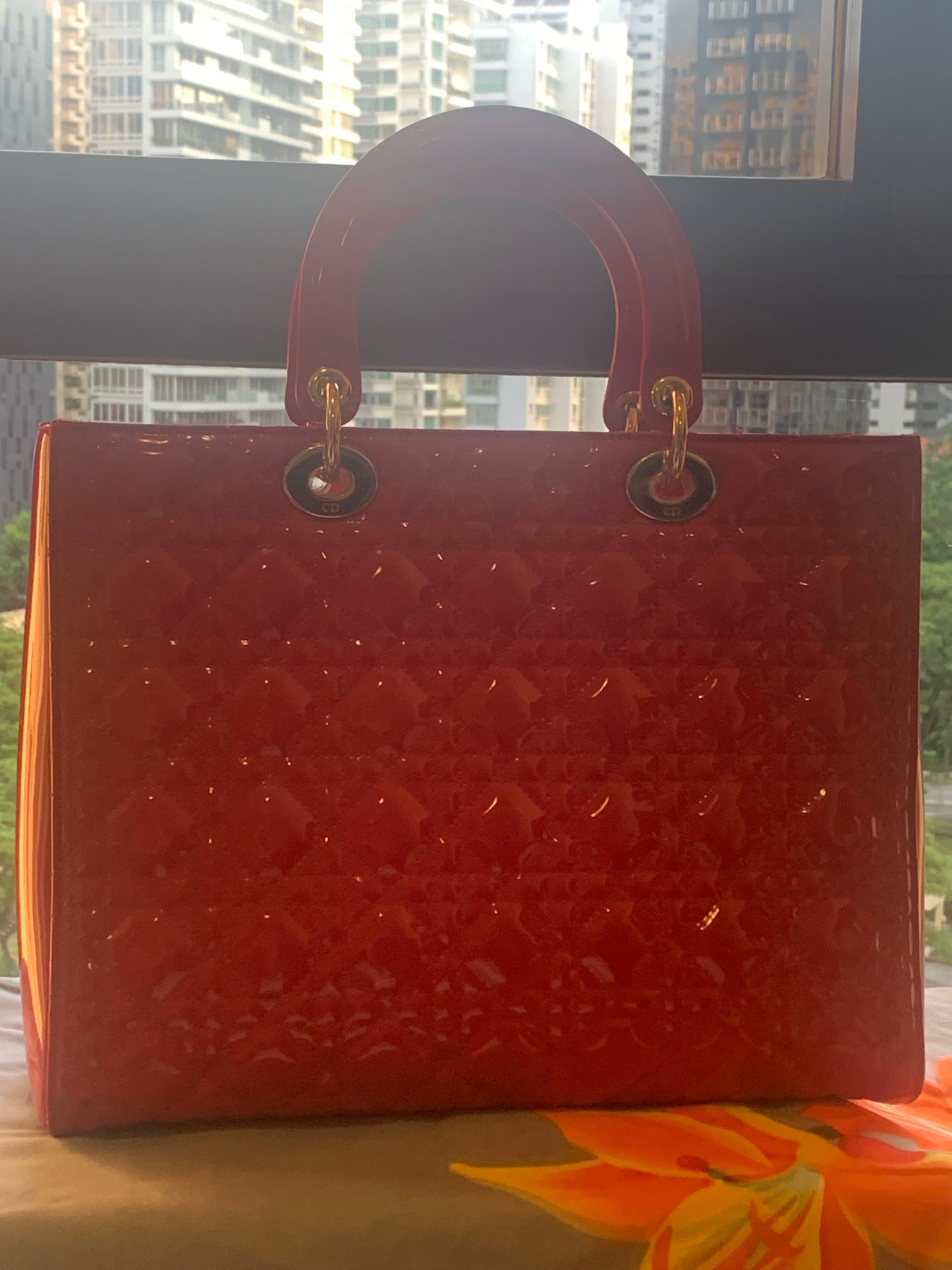 Large Lady Dior Bag Cherry Red Patent Cannage Calfskin