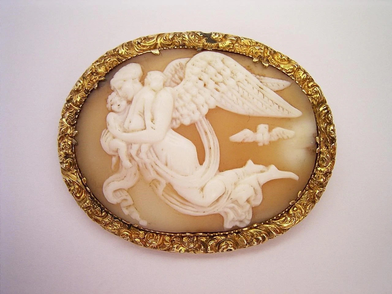 Antique Georgian Victorian Shell Cameo Nyx Goddess of Night with Children & Owl