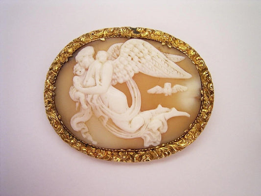 Antique Georgian Victorian Shell Cameo Nyx Goddess of Night with Children & Owl