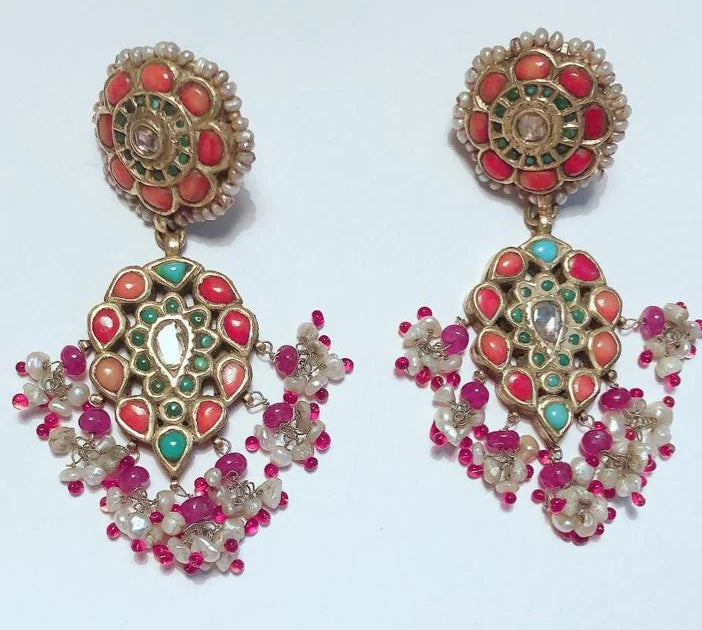 Vintage Gold, Ruby, Coral & Pearl Earrings