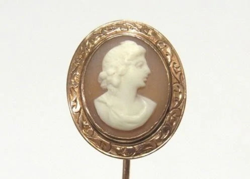 Antique 14K Gold Carved Shell Cameo Pin Classical Greco Roman Goddess Stick Pin