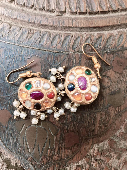 Vintage Navgraha Gold Precious Stones & Natural Basra Pearl Earings