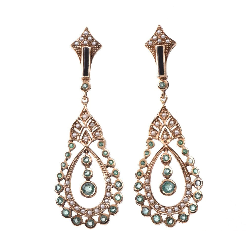 Emerald Enamel Seed Pearl 9k Yellow Gold Earrings