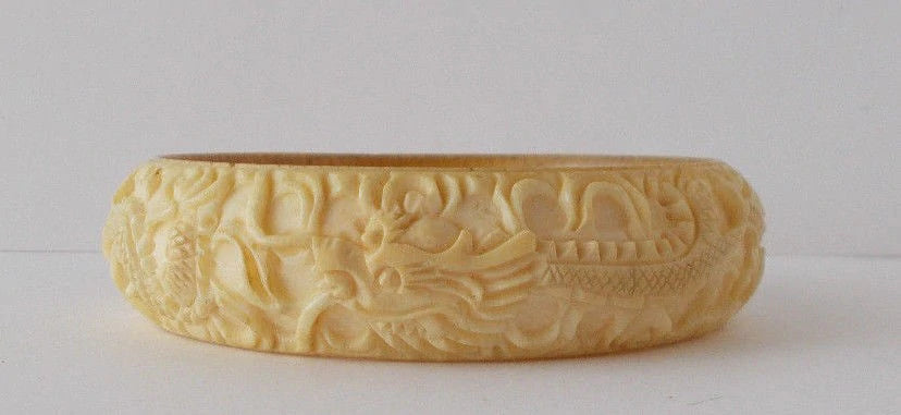 Antique Vintage Bangle Bracelet Carved Dragons Ivory color Cross Slice Tusk Horn