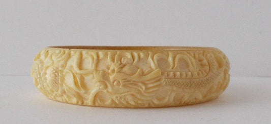 Antique Vintage Bangle Bracelet Carved Dragons Ivory color Cross Slice Tusk Horn