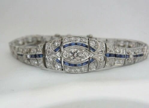 Stunning Art Deco 3ctw Fine Ood Cut Diamond Sapphire Platinum Bracelet 20.7grams