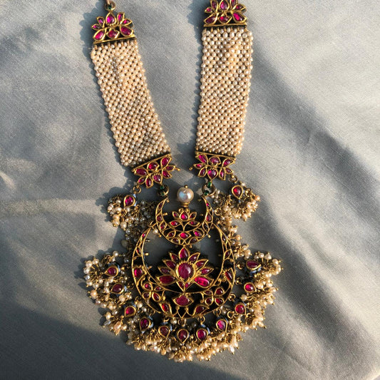 Vintage Antique Huge 20k Gold Diamond Ruby Polki Kundan Moti Work Necklace