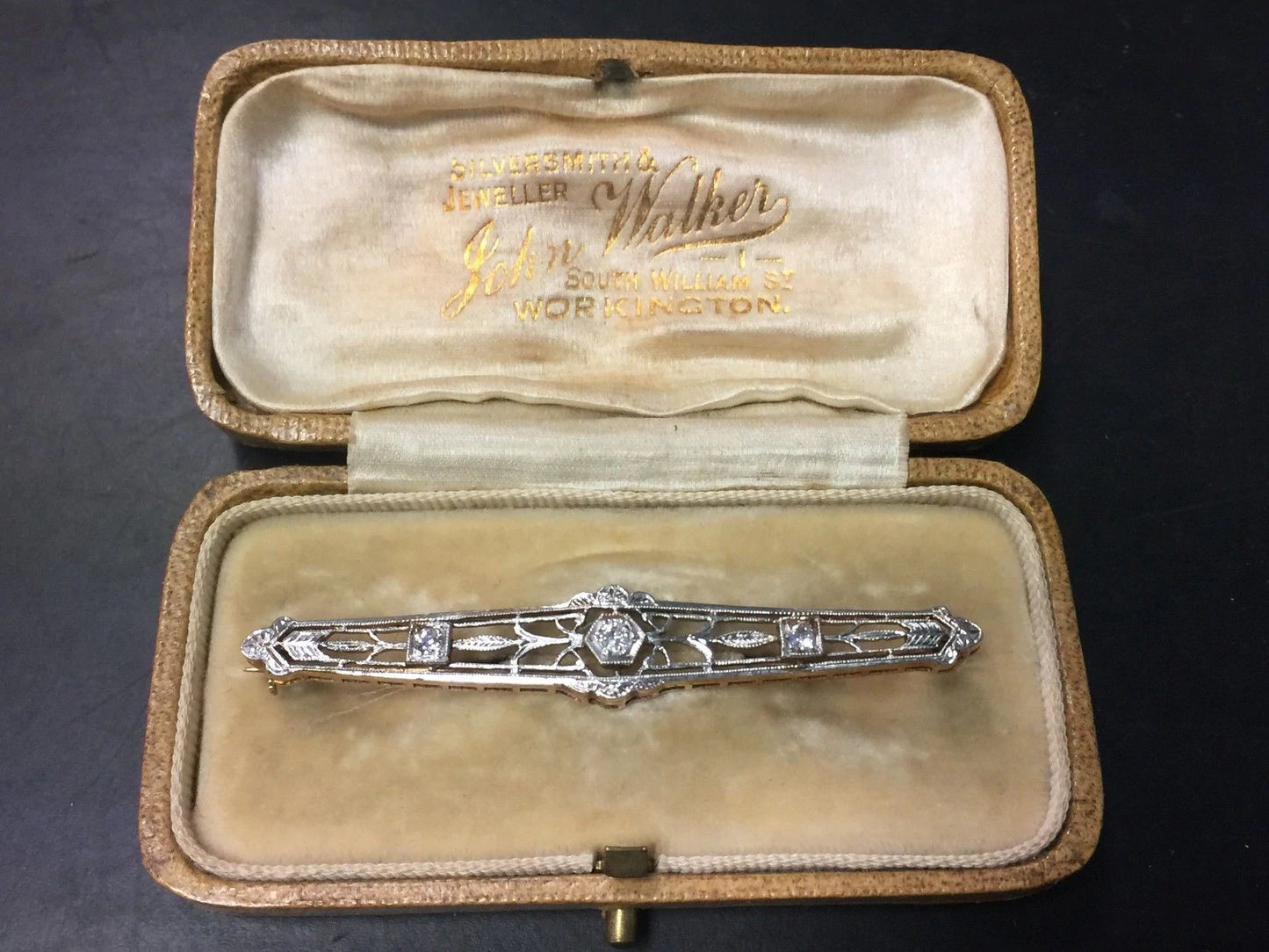 Antique Victorian 14K Yellow Gold W/ Platinum Top & Diamonds Bar Pin WBox