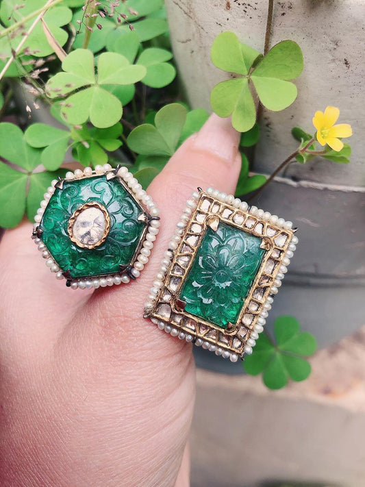 Vintage Carved Emeralds Uniquely Designed Gold Filled Ring with Uncut Diamonds & Pearls