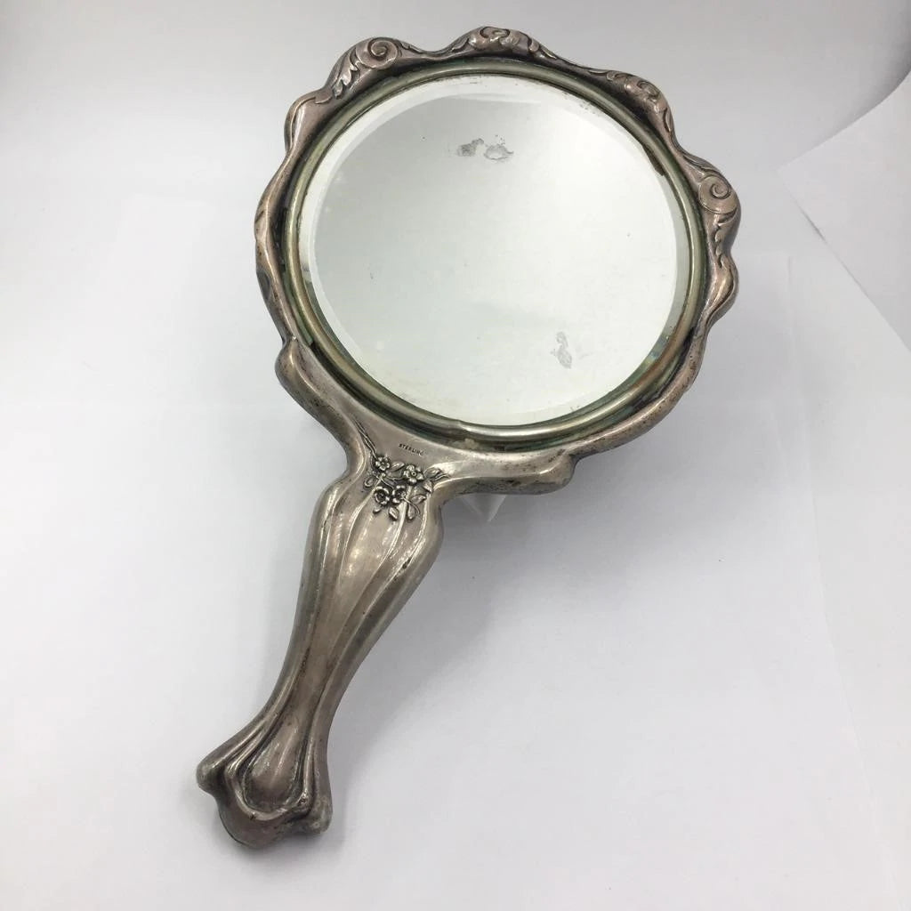 Vintage Round Sterling Silver Hand Mirror with Floral / Leaf Detail - Monogrammed