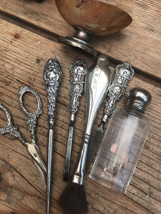 Antique Silver Vanity Items, Includes Perfume Bottle, Caviar Dish