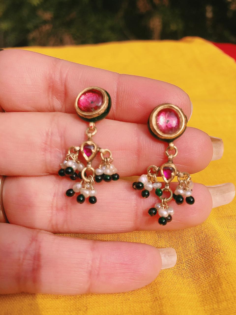 Handmade High Carat Gold, Enamel, Basra Pearl & Ruby Vintage Earrings