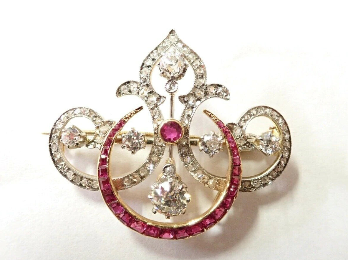 Antique Edwardian Platinum Gold 1.8ctw Diamond Ruby Stunning pendant Brooch