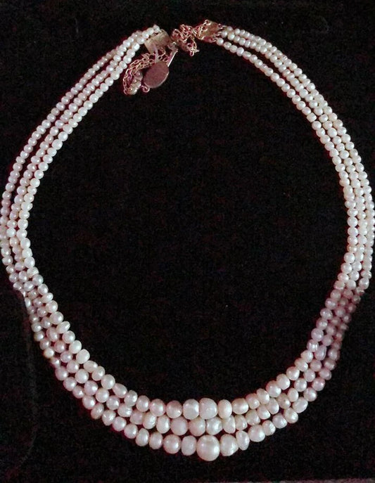 Three Layered Basra Natural Pearl Strings Necklace