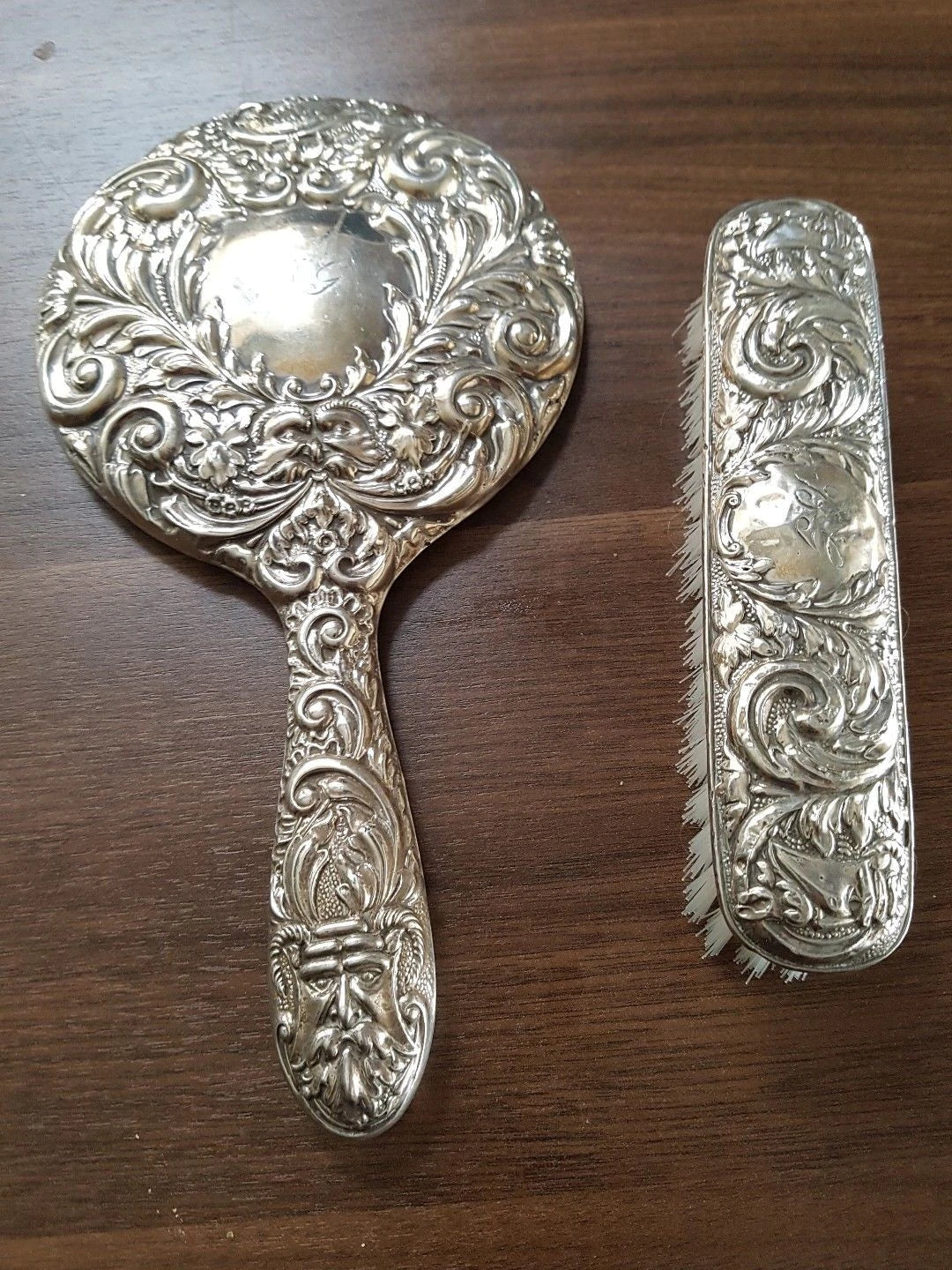 Beautiful Sterling Silver Hand Mirror & Hairbrush (Green Man) fully Hallmarked