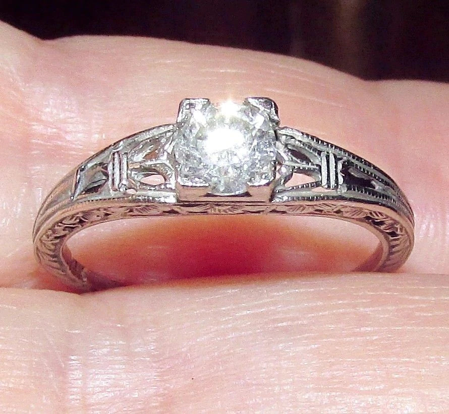 Antique Art Deco Filigree Real 0,50ct 5mm E SI1 Diamond Ring 14K Gold Size 6.5