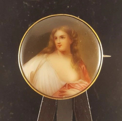 Antique Rare Flora After Titian Miniature Portrait Porcelain Brooch Cameo