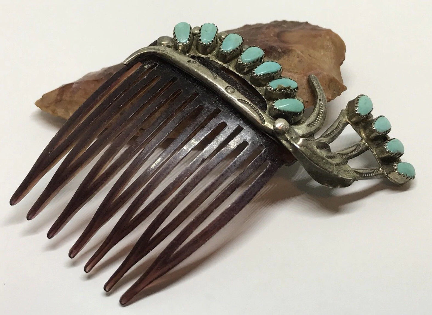 Vintage Old Pawn Native American Zuni Sterling Silver & Turquoise Hair Comb