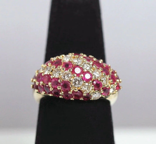 Vintage Burmese Ruby & 0.85ctw Diamond 14K yellow Gold Dome Ring