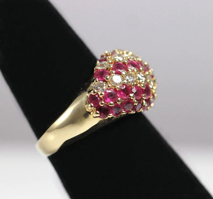 Vintage Burmese Ruby & 0.85ctw Diamond 14K yellow Gold Dome Ring