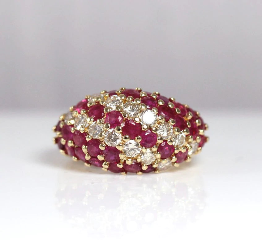 Vintage Burmese Ruby & 0.85ctw Diamond 14K yellow Gold Dome Ring