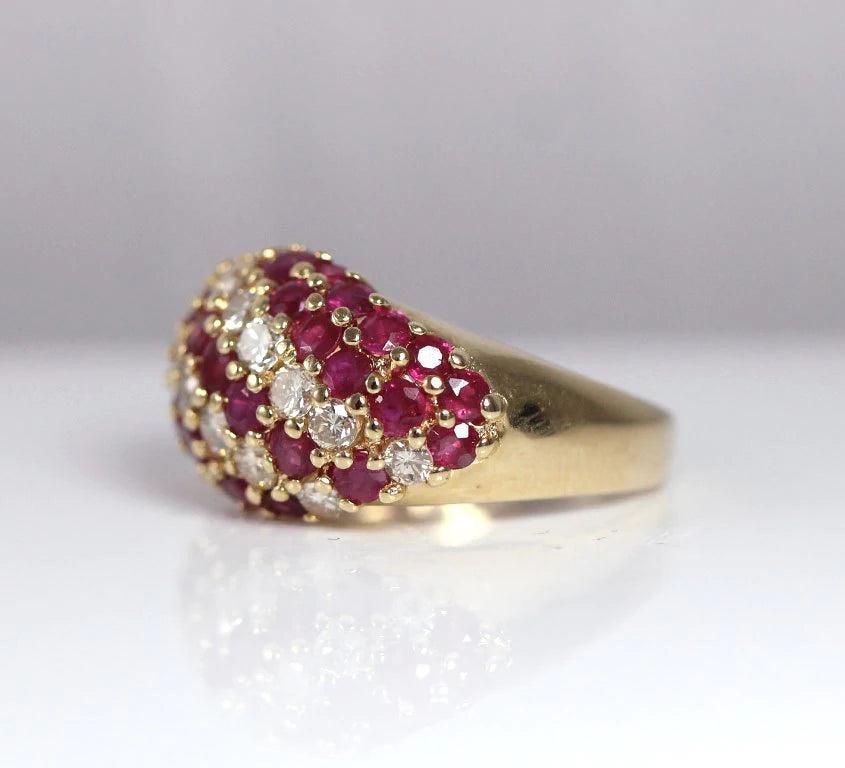 Vintage Burmese Ruby & 0.85ctw Diamond 14K yellow Gold Dome Ring