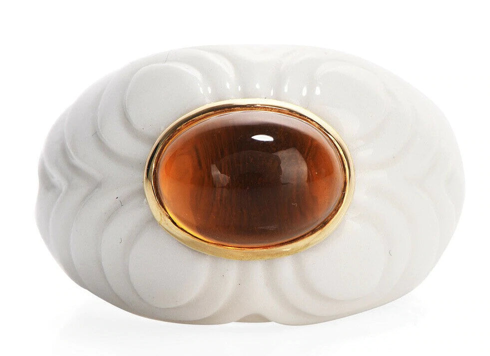 Bvlgari Citrine Carved Ceramic 18k Gold Chandra Cocktail Ring 10.6 Grams NR