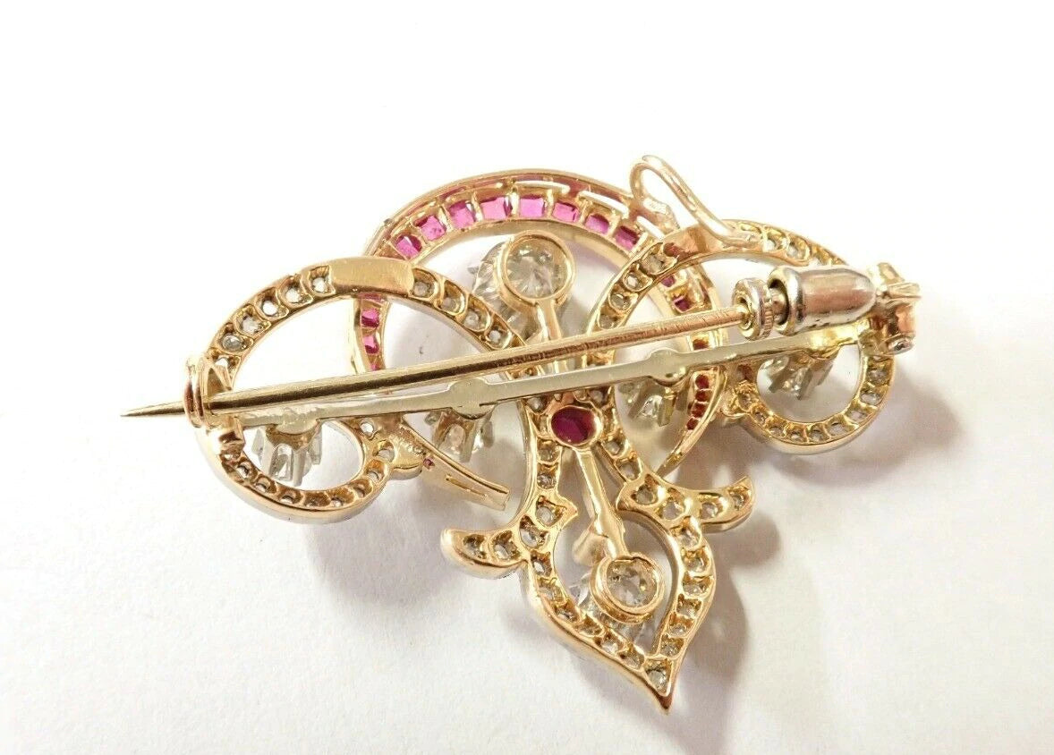 Antique Edwardian Platinum Gold 1.8ctw Diamond Ruby Stunning pendant Brooch