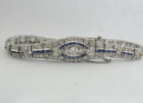 Stunning Art Deco 3ctw Fine Ood Cut Diamond Sapphire Platinum Bracelet 20.7grams