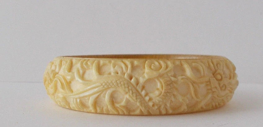 Antique Vintage Bangle Bracelet Carved Dragons Ivory color Cross Slice Tusk Horn